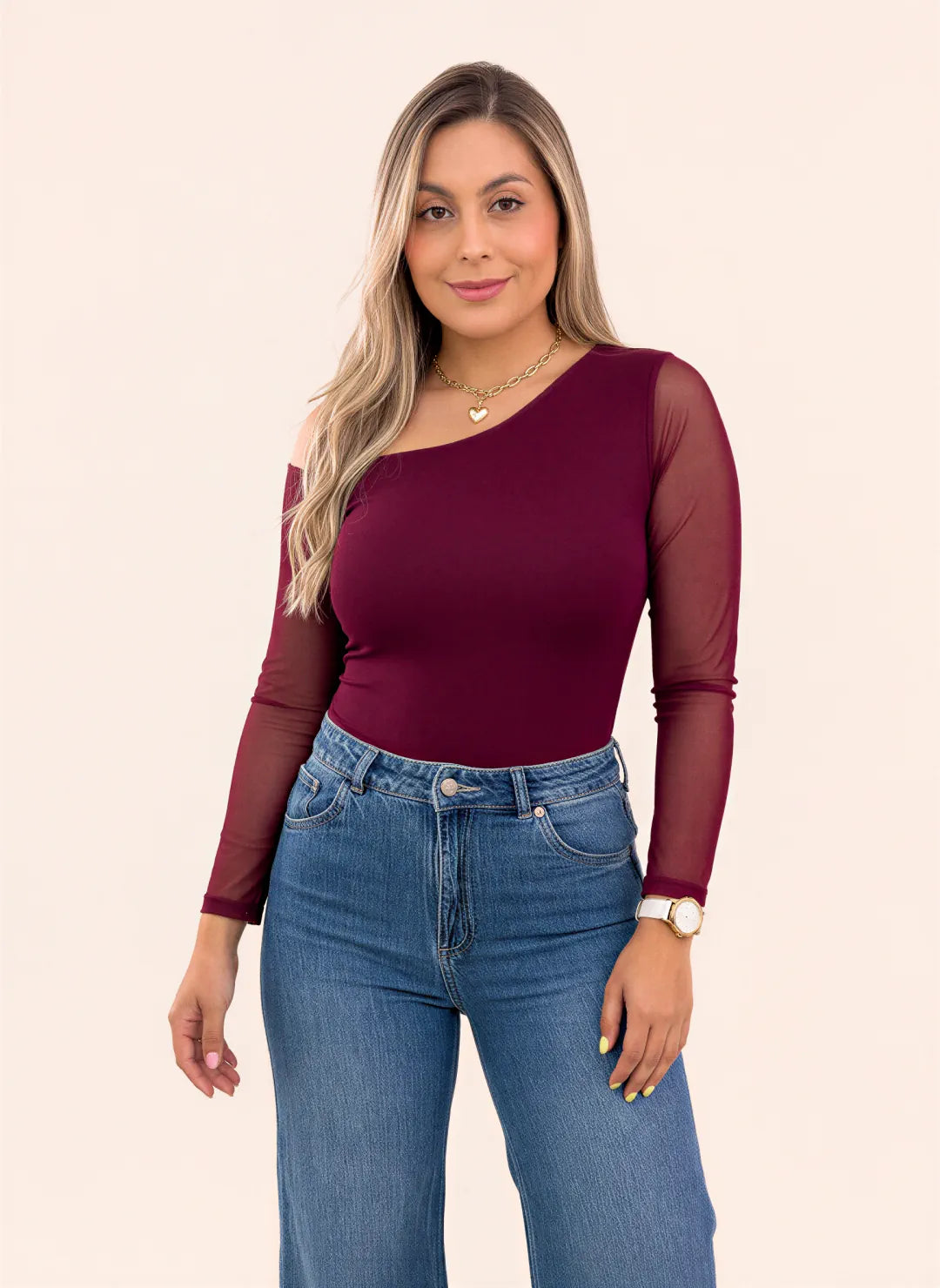 body Vinotinto para mujer de un solo hombro con manga mesh