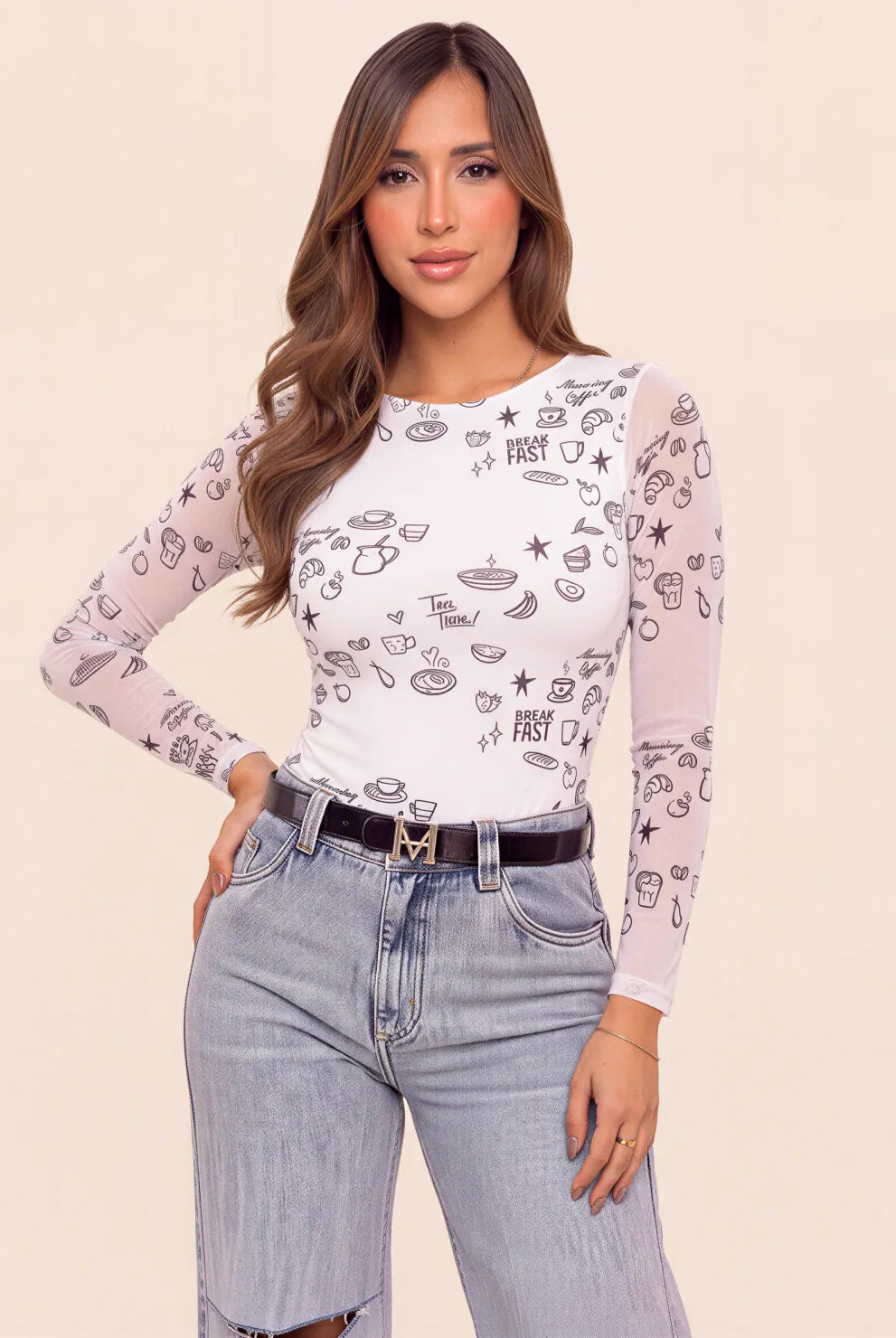 Body blanco para mujer en tela mesh con estampado