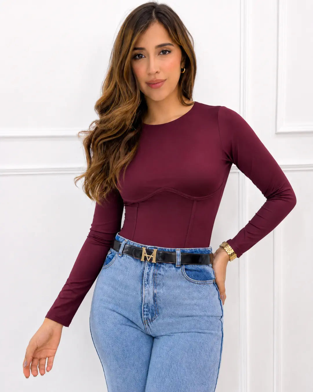 Body vino estructurado mujer manga larga elegante