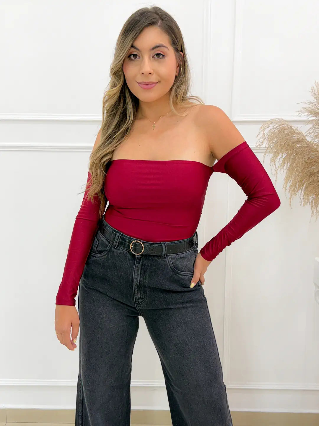 Body off shoulder vino mujer manga larga elegante