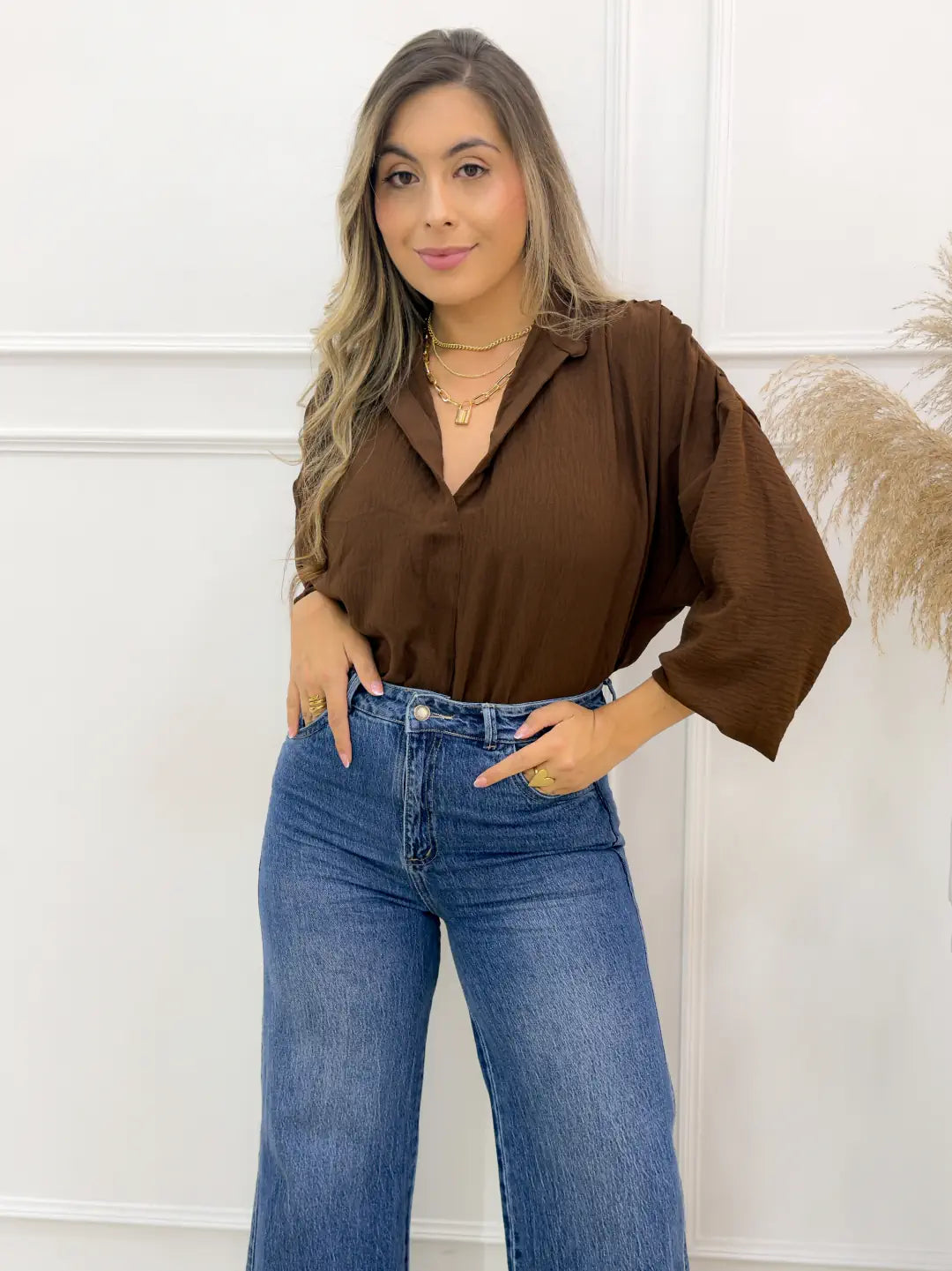 Blusa café oversize mujer elegante manga amplia