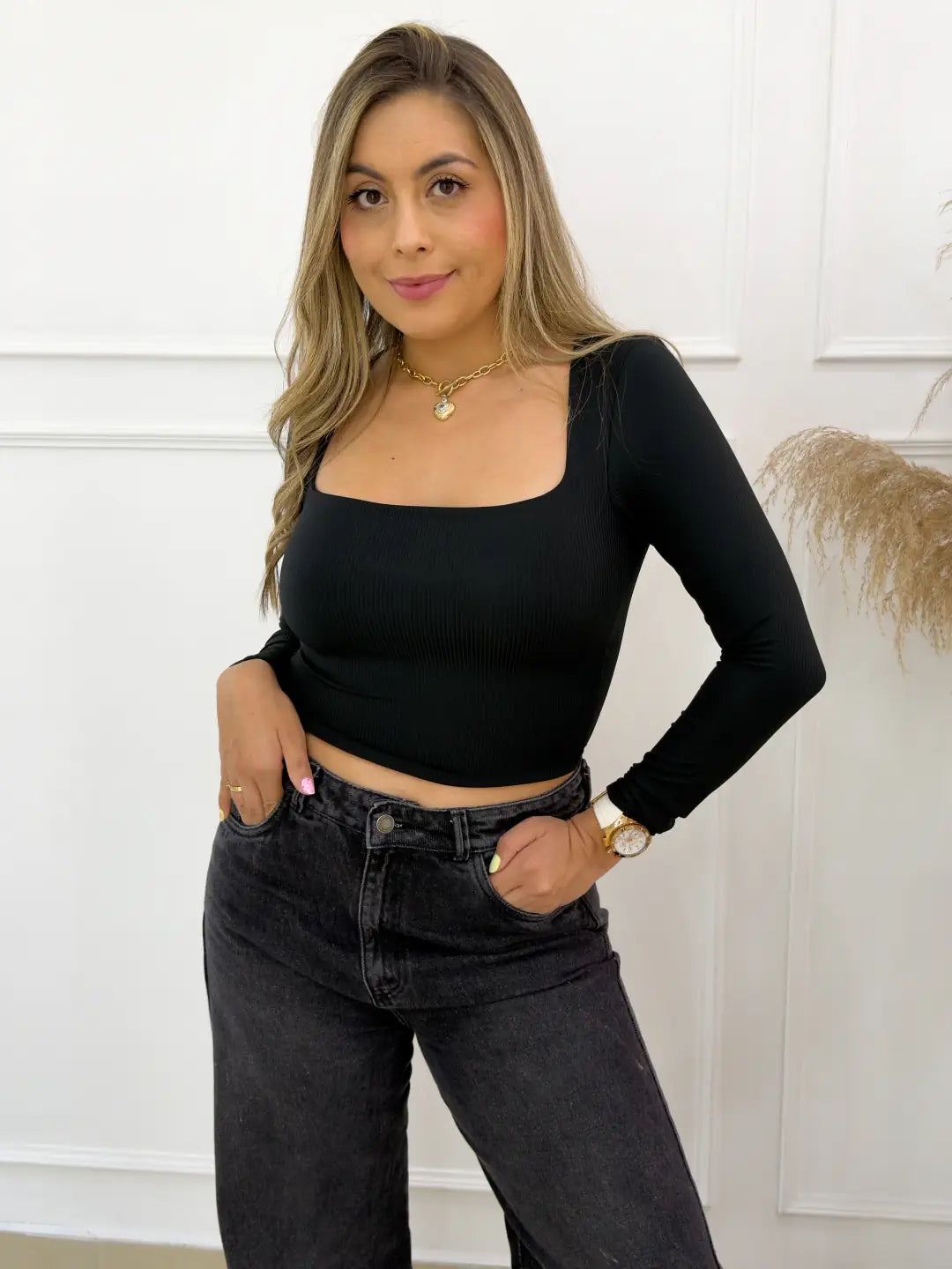 Blusa negra Acanalada de Manga Larga con Escote Cuadrado para Mujer