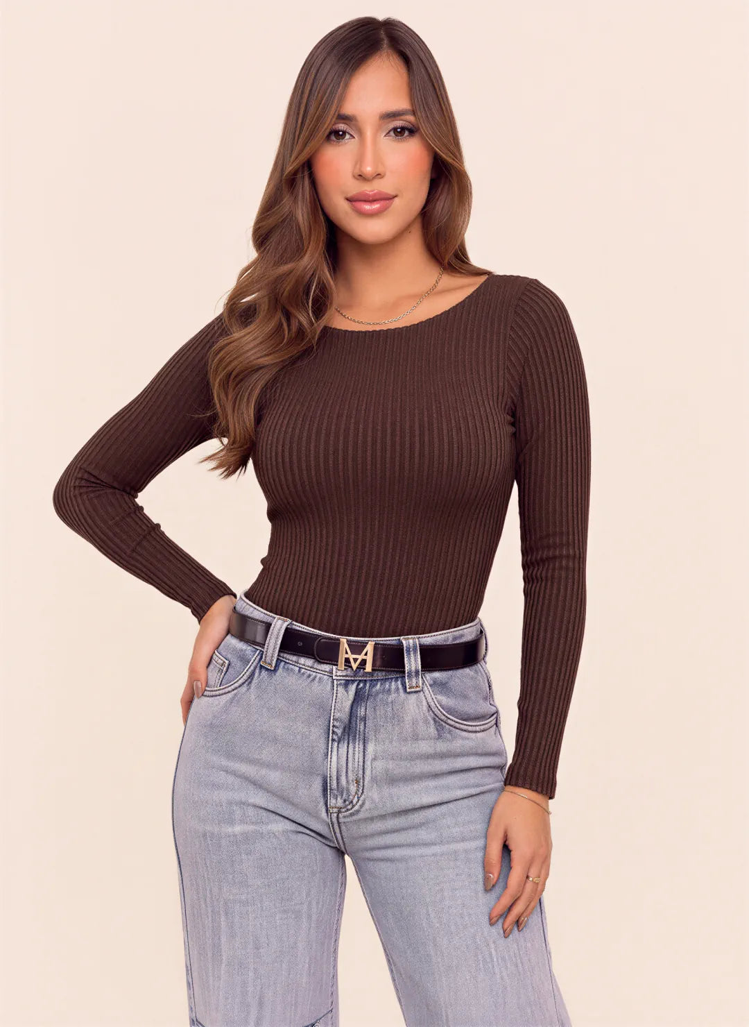 Body para mujer en tela rib elástica color café
