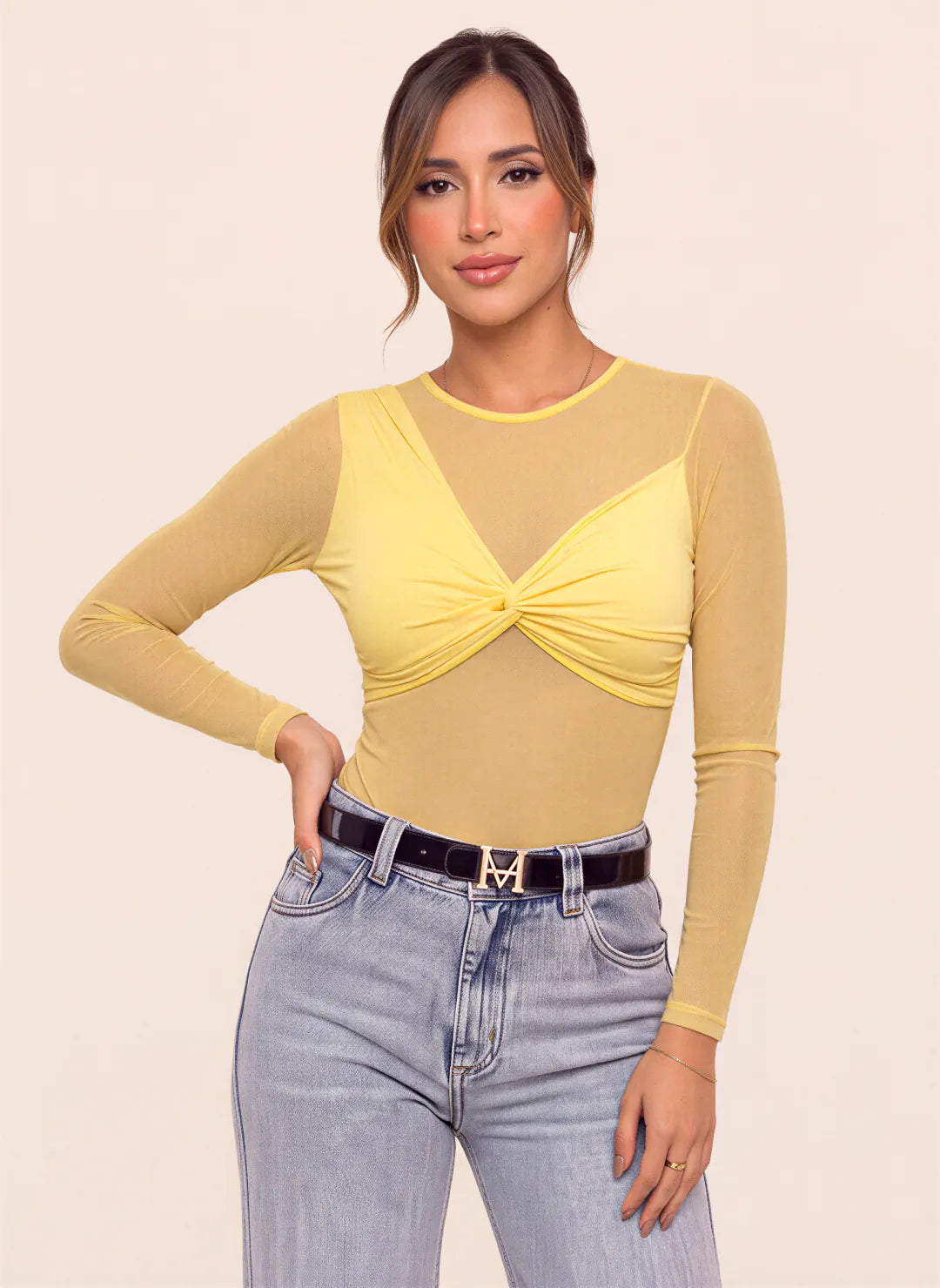 Body amarillo manga larga para mujer con transparencias en malla