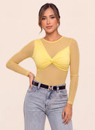 Body amarillo manga larga para mujer con transparencias en malla