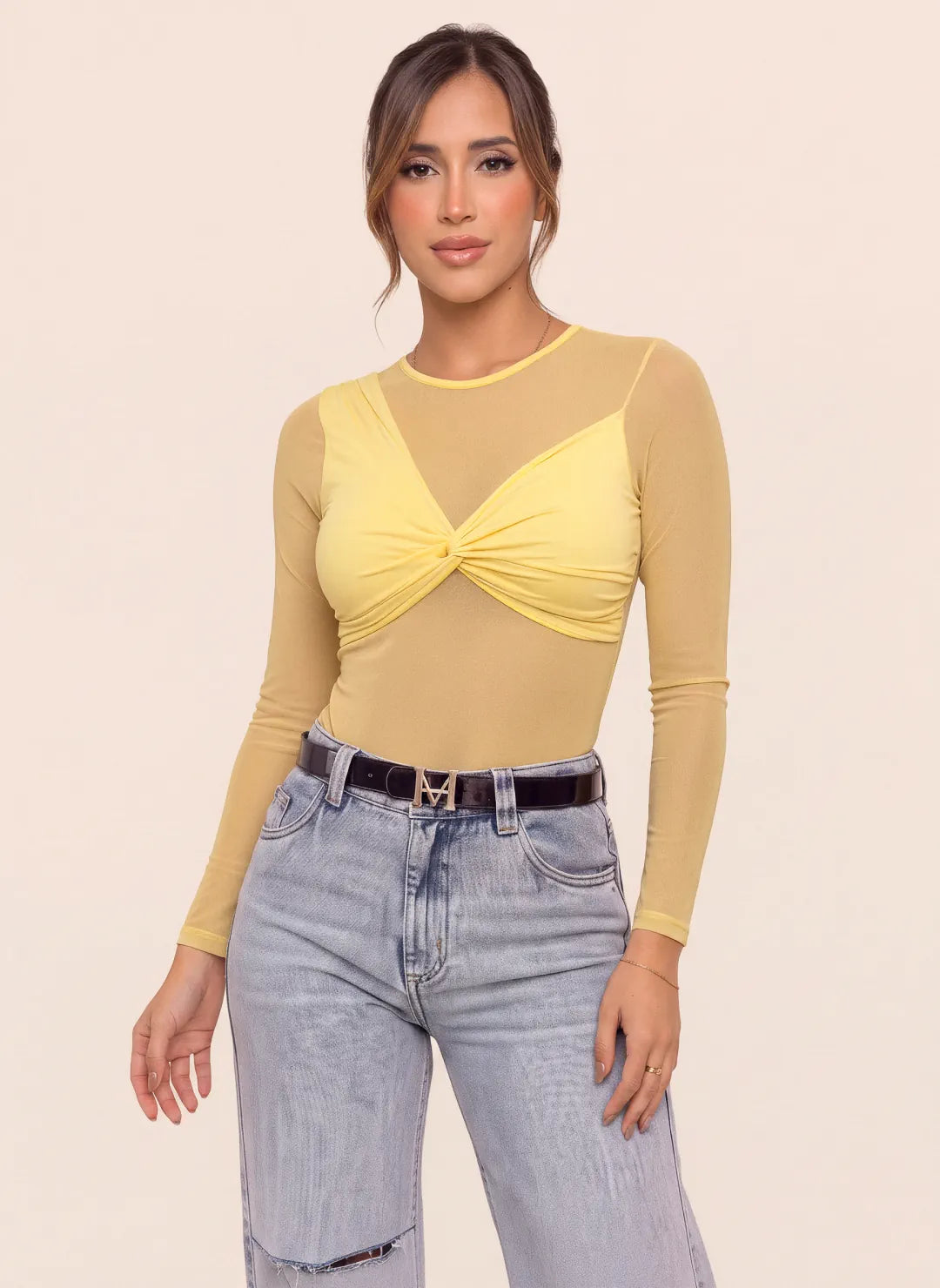 Body marrón manga larga para mujer con transparencias en malla