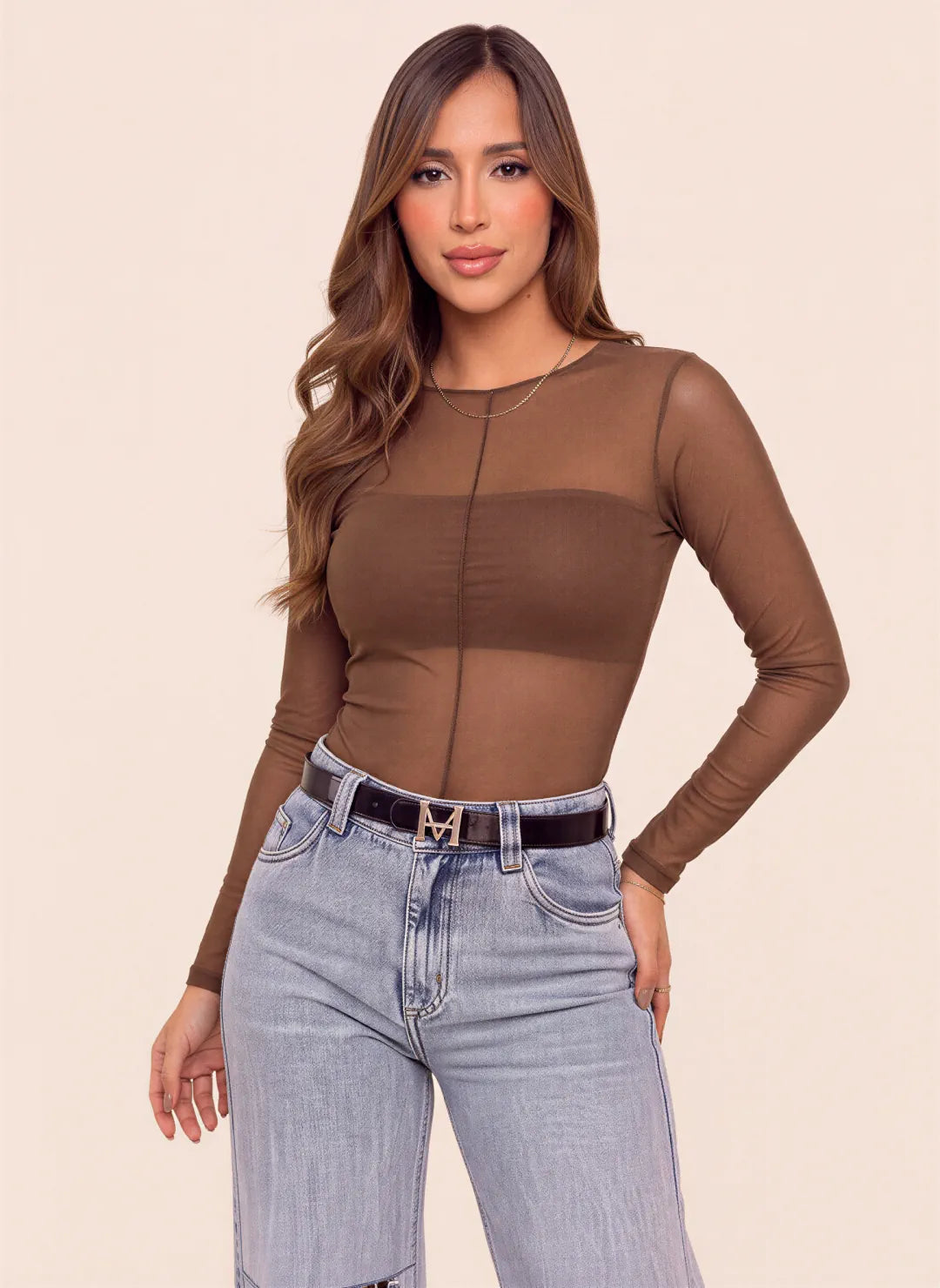 Body para mujer en mesh color café con manga larga 