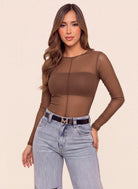 Body para mujer en mesh color café con manga larga 