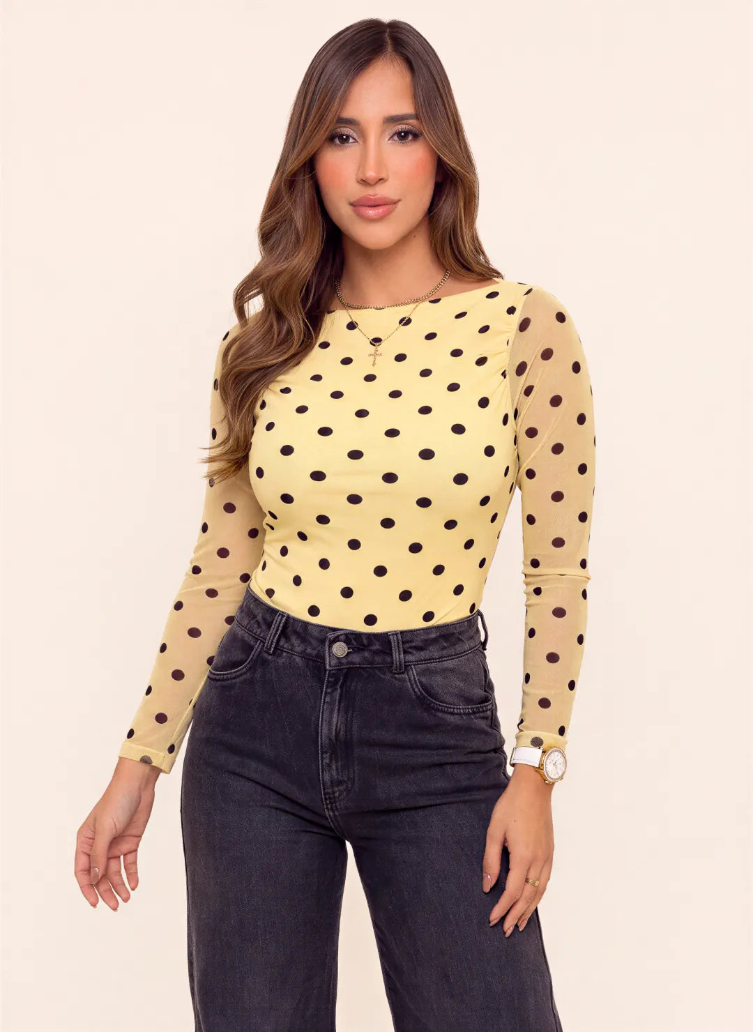 blusa mesh amarilla para mujer con estampado de lunares y manga larga