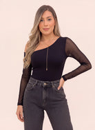 Body Negro de Un Solo Hombro con Manga Mesh para Mujer