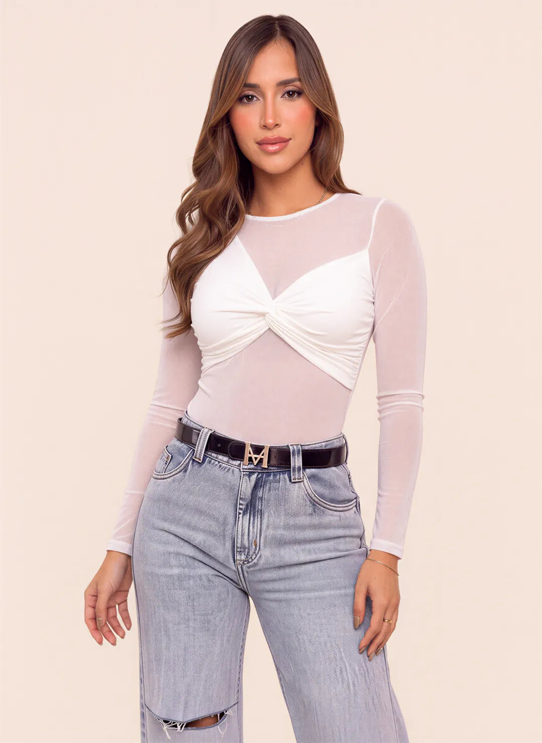 Body blanco manga larga para mujer con transparencias en malla y nudo en el busto