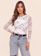 Body blanco para mujer en tela mesh con estampado 